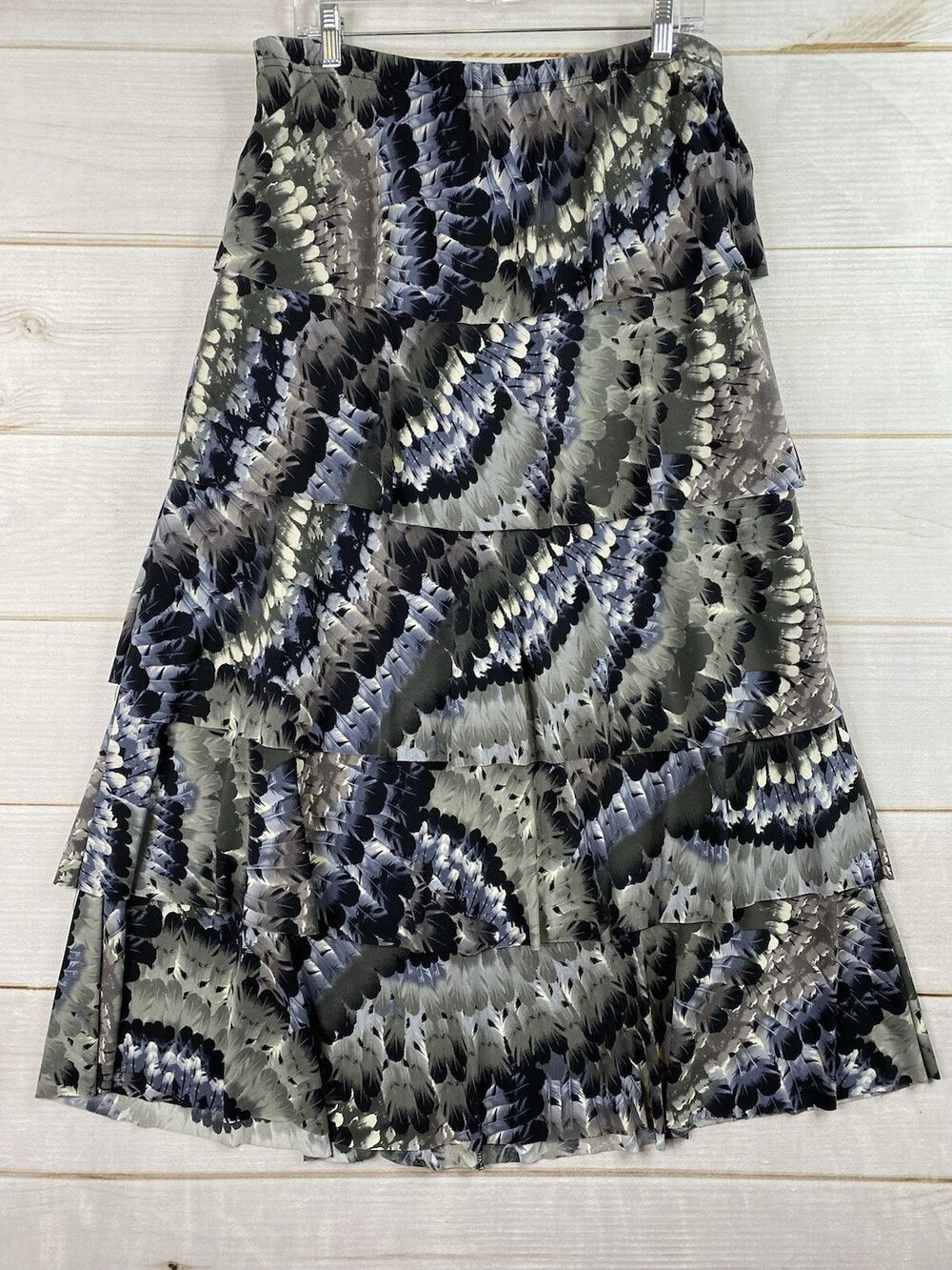 JOSTAR Skirt Womens XL Black Gray Feathers Tiered Pull On Slinky Knit Maxi
